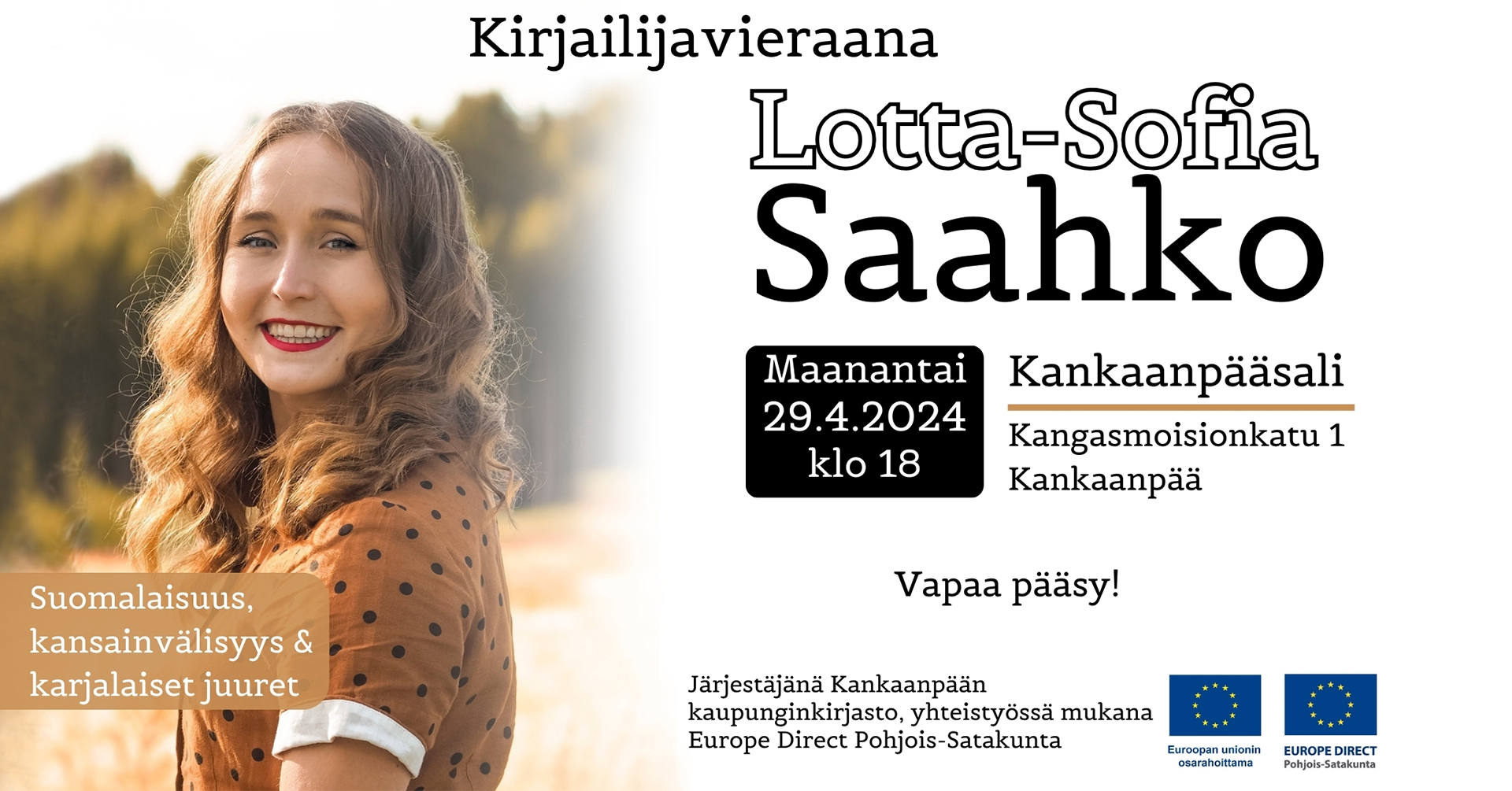 Kirjailijavieraana Lotta-Sofia Saahko ma 29.4.2024