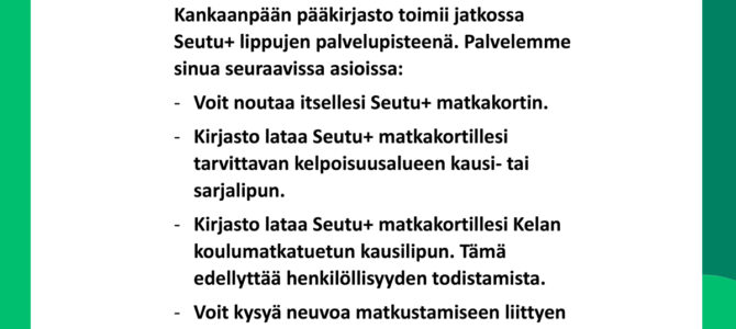 Pääkirjastosta Seutu+ palvelupiste 18.11.2024 alkaen